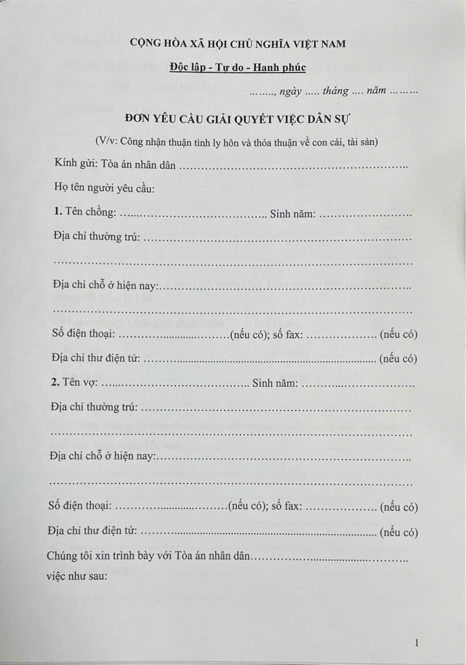 mẫu đơn ly hôn thuận tình